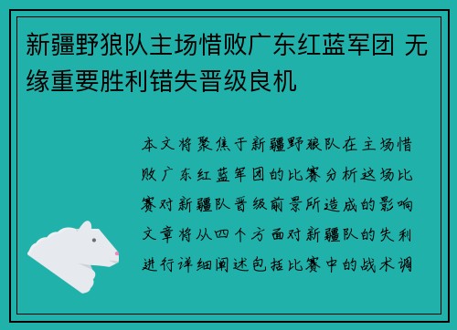 新疆野狼队主场惜败广东红蓝军团 无缘重要胜利错失晋级良机
