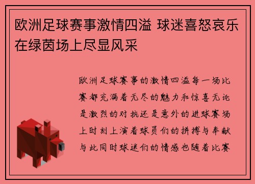 欧洲足球赛事激情四溢 球迷喜怒哀乐在绿茵场上尽显风采