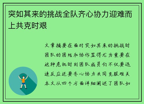 突如其来的挑战全队齐心协力迎难而上共克时艰