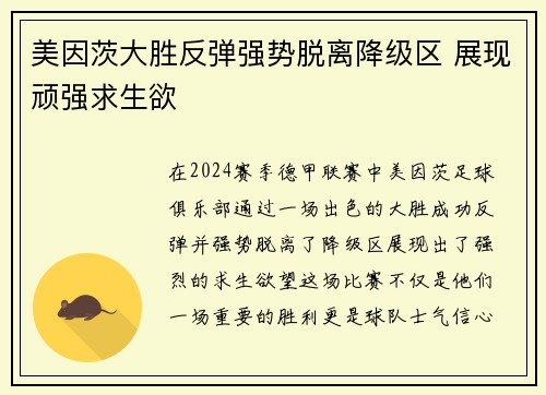 美因茨大胜反弹强势脱离降级区 展现顽强求生欲