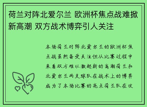 荷兰对阵北爱尔兰 欧洲杯焦点战难掀新高潮 双方战术博弈引人关注